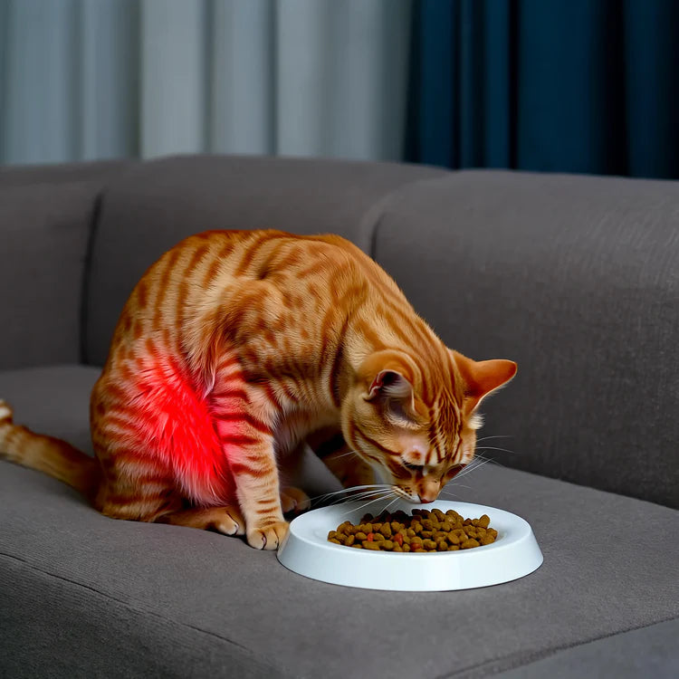 Orange tabby cat eating from a white bowl on a gray couch with a red dot indicating an area of interest.