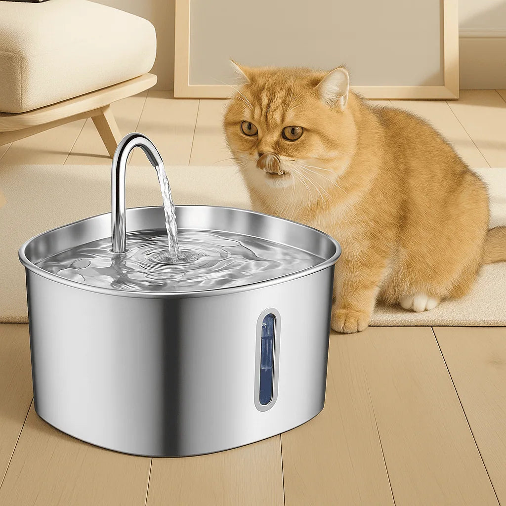 Cat standing next to a metallic pet water fountain on a wooden floor.