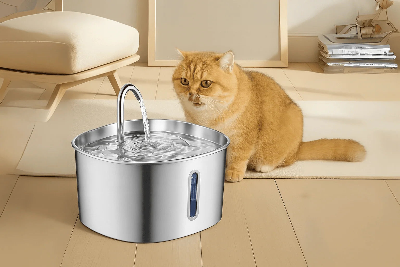 Cat sitting next to a stainless steel water fountain on a wooden floor.