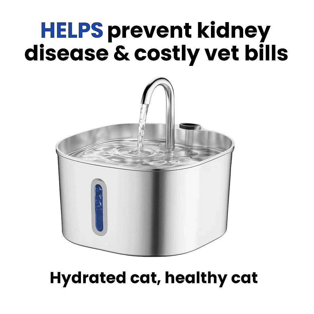 Stainless steel pet water fountain with text about preventing kidney disease and costly vet bills.