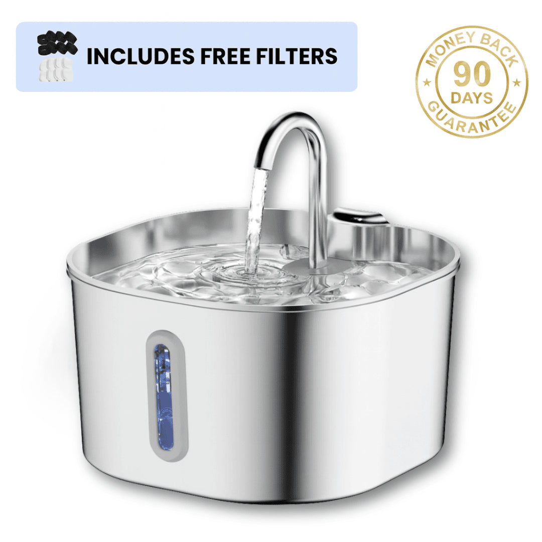 Purrify stainless steel pet water fountain with free filters and money-back guarantee text on a white background