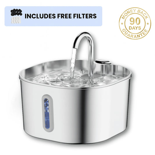 Purrify stainless steel pet water fountain with free filters and money-back guarantee text on a white background